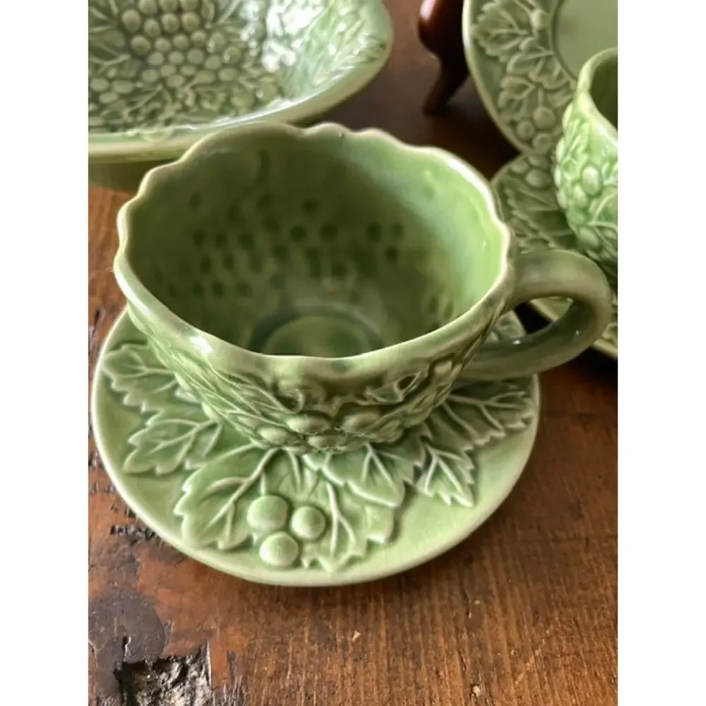 Vintage Style 11 piece Green Grape Vine Majolica Style Tea Set French Country